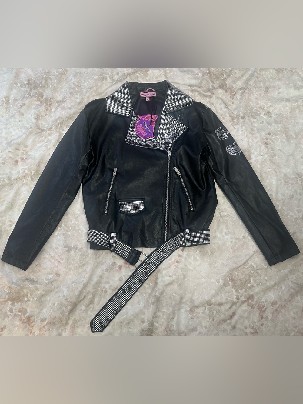 Dolls Kill Black Faux Leather Crystal-Trim Moto Jacket